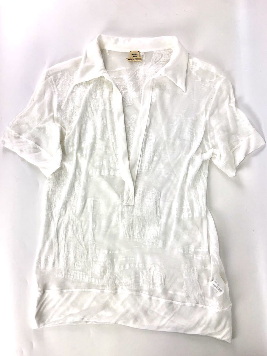 ▼希少 HERMES エルメス 総レース 刺繍 スキッパー 半袖 プルオーバー シアー ホワイト 白 サイズ34 RC3276