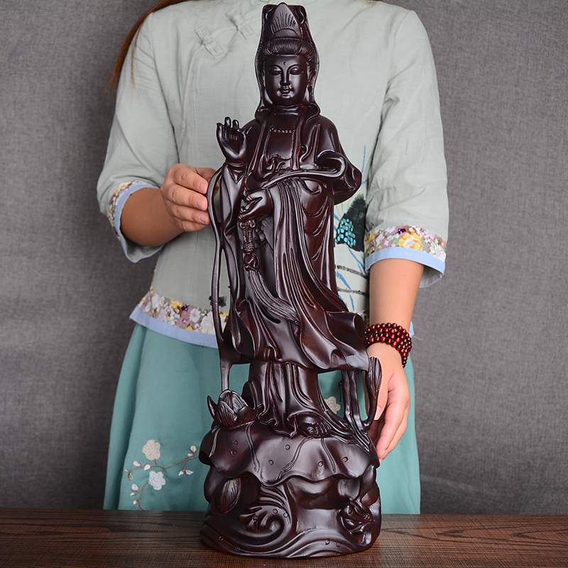 仏教美術 細密彫刻 木彫り 黒檀木 観音菩薩立像 仏像 工芸品 高さ60cm