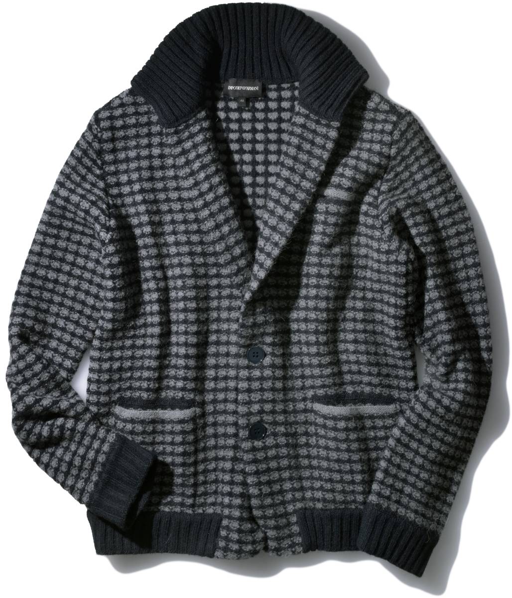 8，8万【E.アルマーニ】◇暖かく柔軟な4種混紡ミドルゲージ(厚手)ニット◇カーディガンとジャケットのイイとこ取り！意匠編みニットブルゾン