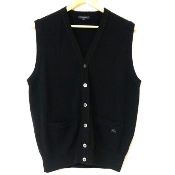W009】バーバリー ロンドン ウール ニット ベスト 黒 L BURBERRY 