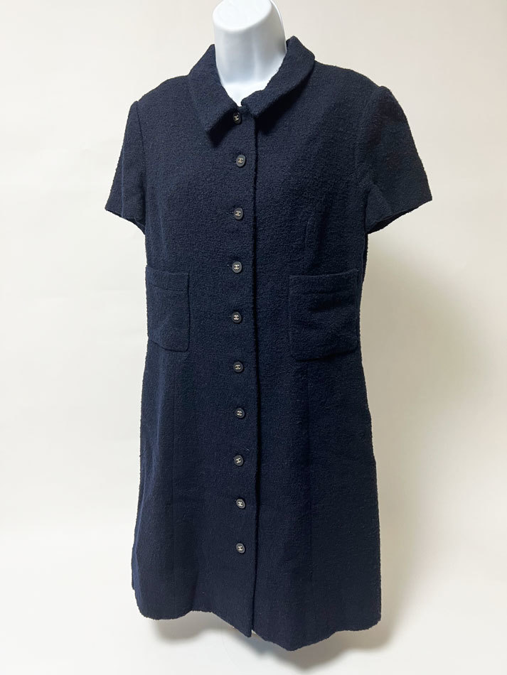 送料無料 CHANEL シャネル ワンピース 半袖 レディース コットン ネイビー ウ゛ィンテージ ウール 96P 42