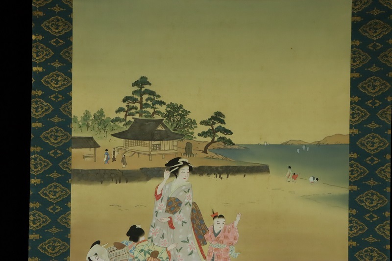 縁】一立齋廣重(歌川広重) 美人潮干狩り図掛軸 肉筆 絹本 旧家初心だし