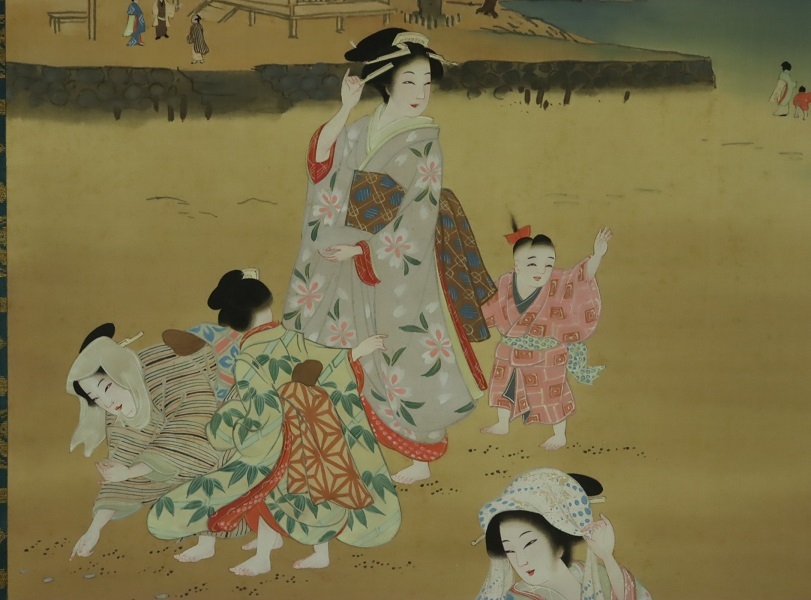 縁】一立齋廣重(歌川広重) 美人潮干狩り図掛軸 肉筆 絹本 旧家初心だし