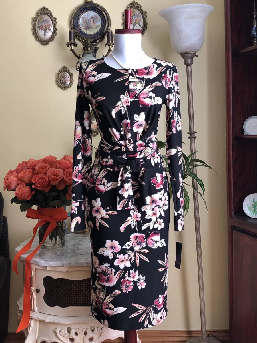 新品【RACHEL RAY】花柄/ウエストドレープリボン/黒ストレッチドレス （US・XS／７号）#299