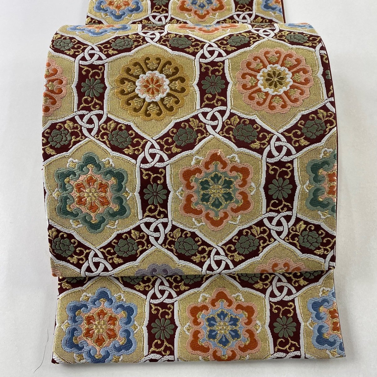袋帯 美品 秀品 華文 花唐草 金糸 赤茶 六通 正絹 【中古】