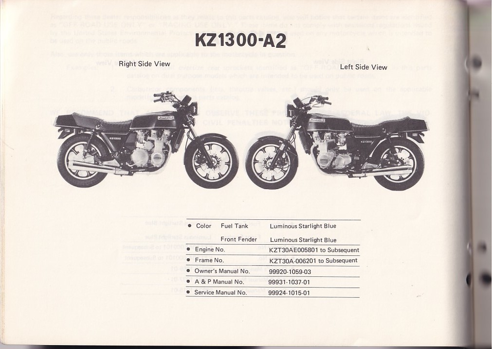 カワサキkz1300 サービスマニュアル、パーツカタログ