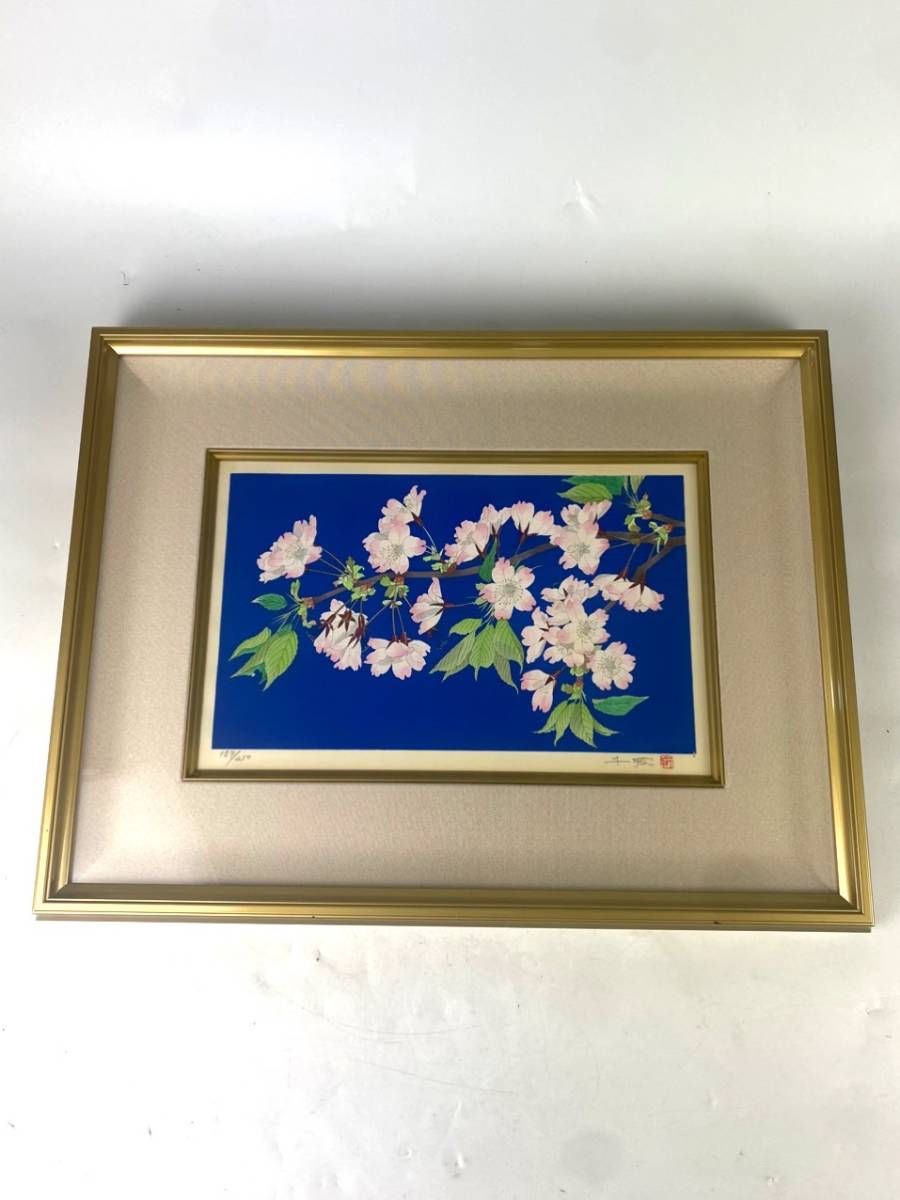 美品 真作 中島千波 木版画 碧色大島桜 絵画 日本美術 額縁入り 限定