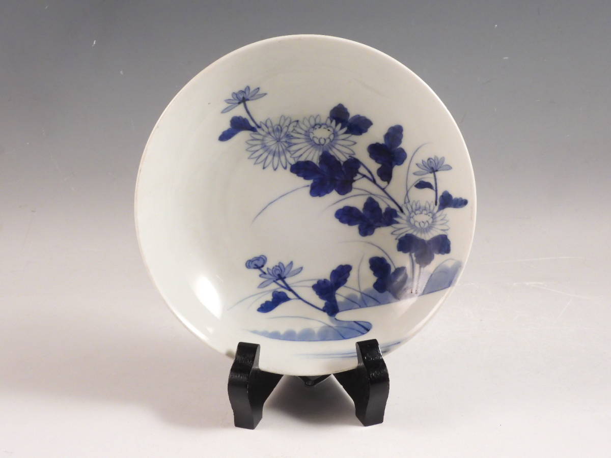 ☆栄☆古鍋島 染付 花草 七宝文 飾皿 16cm 無傷完品