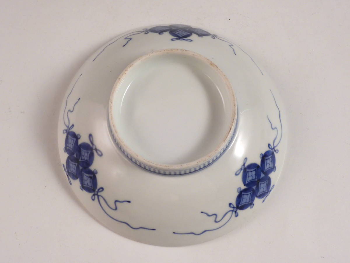 ☆栄☆古鍋島 染付 花草 七宝文 飾皿 16cm 無傷完品