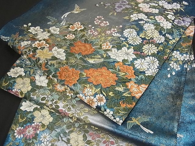 着物屋こころ□六通柄袋帯 唐織 花鳥文 金糸 引箔 正絹 逸品 B- 着物屋