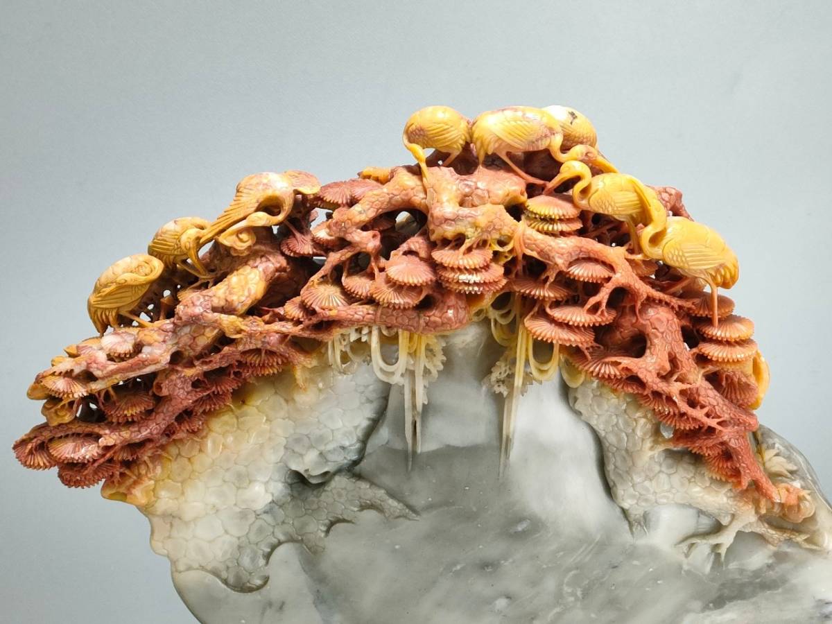 ♦中国 工芸品 天然石 細密彫刻 置物 飾り コレクション 縁起物美術品 骨董品 中国美術 天然石 寿山 置物 飾り物 細密彫刻 六鶴 透彫 赤 紅 台付