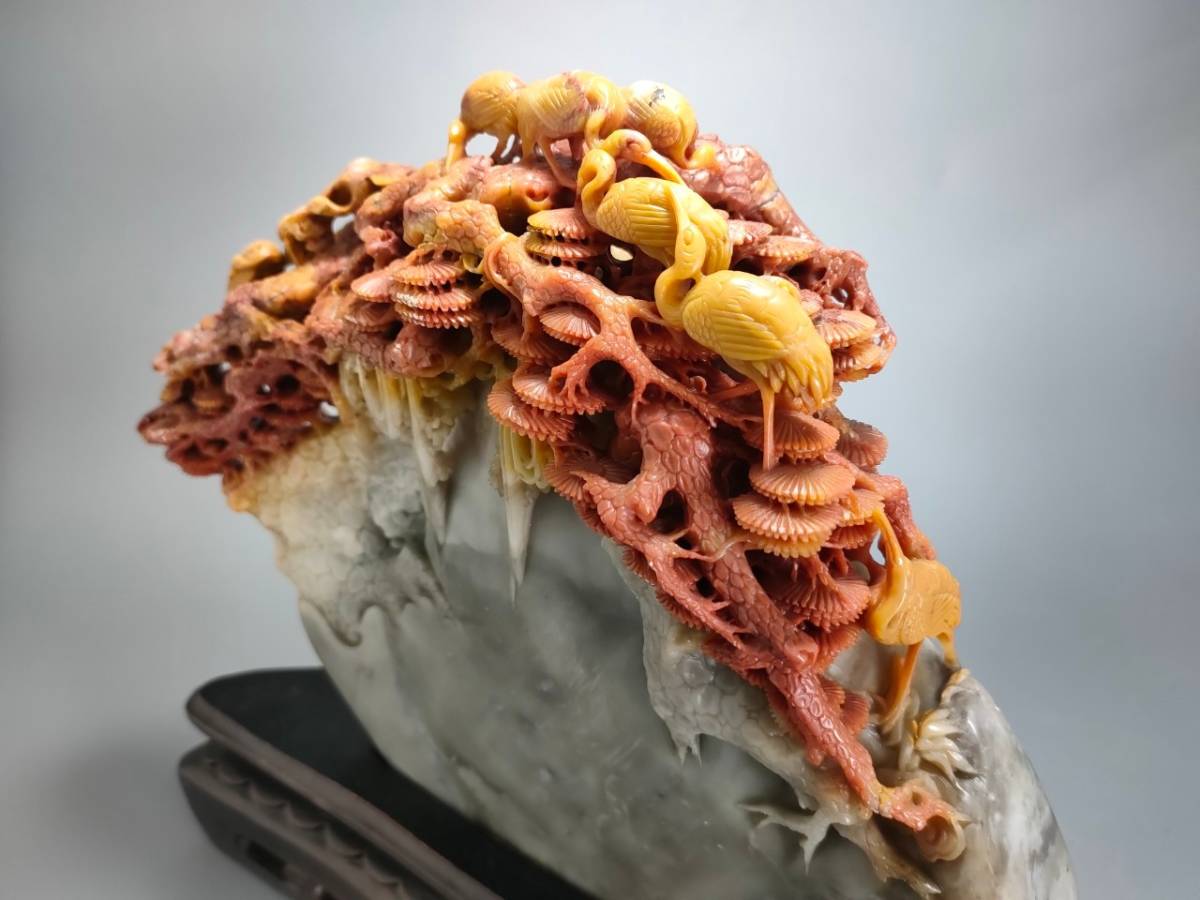 中国美術 天然石 寿山 置物 飾り物 細密彫刻 六鶴 透彫 赤 紅 台付