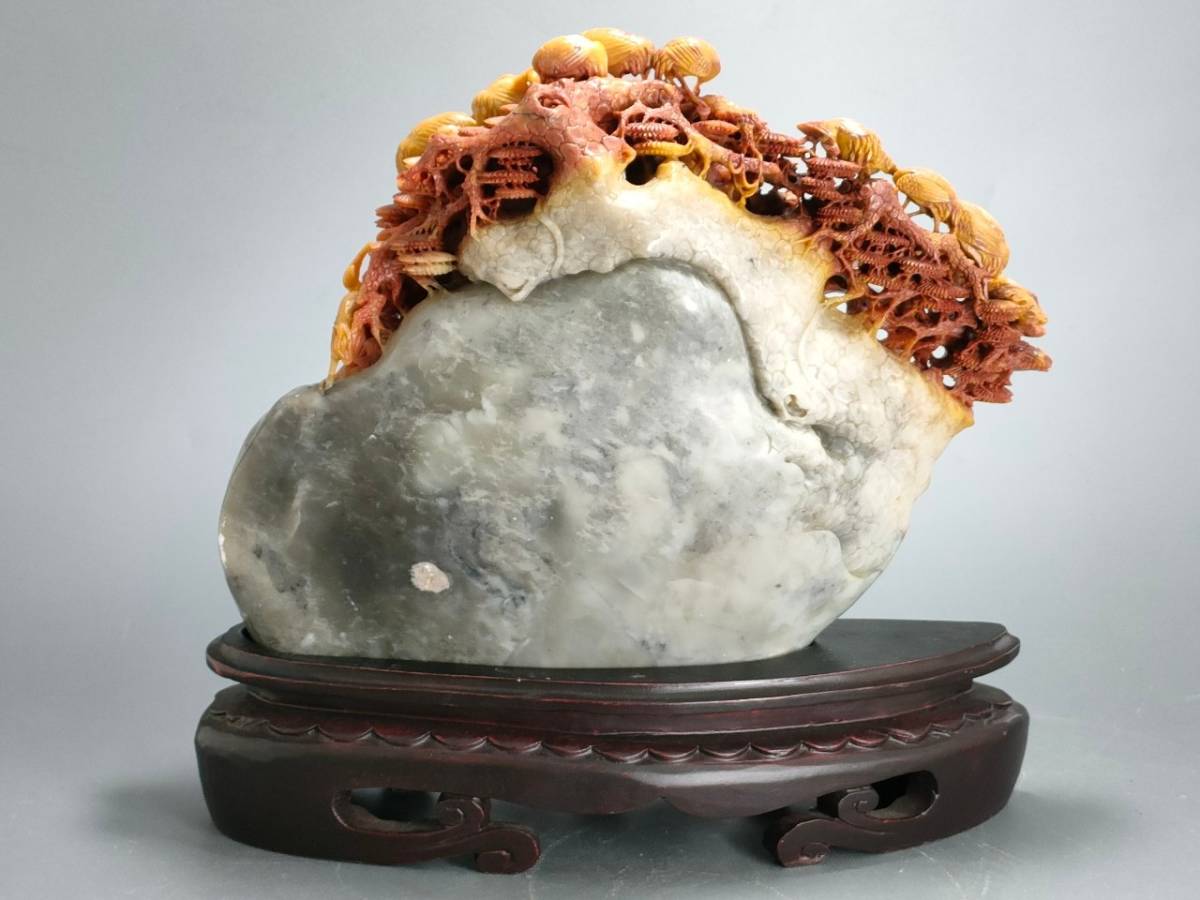 ♦中国 工芸品 天然石 細密彫刻 置物 飾り コレクション 縁起物美術品 骨董品 中国美術 天然石 寿山 置物 飾り物 細密彫刻 六鶴 透彫 赤 紅 台付