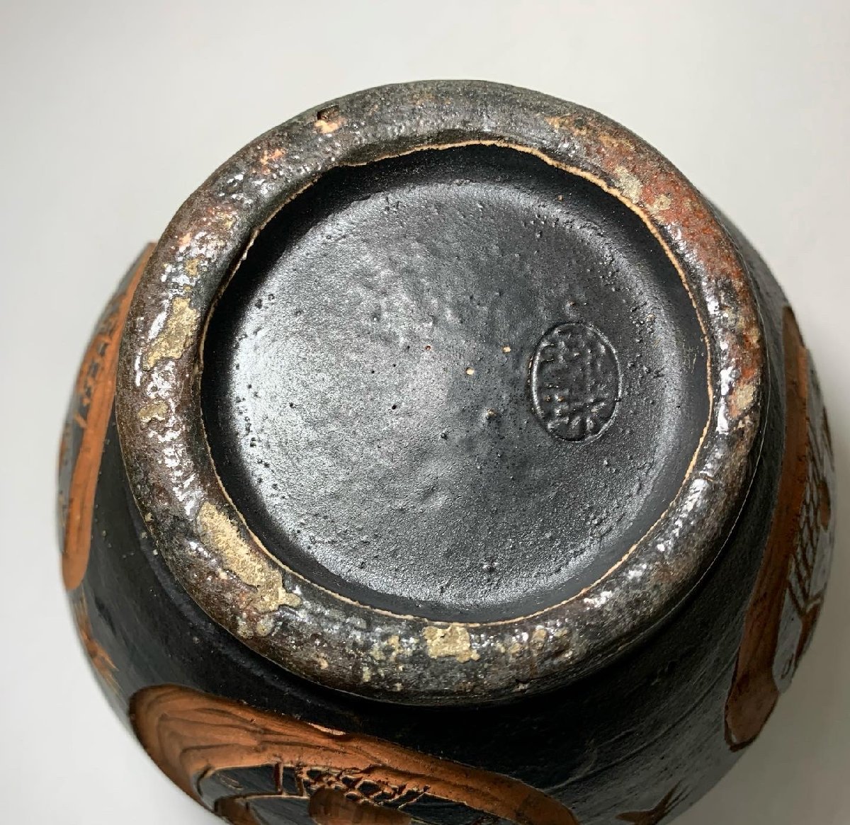 京全】 古琉球 首里城掻落魚文壷 花入 古典焼/壺屋焼/琉球焼 戦前