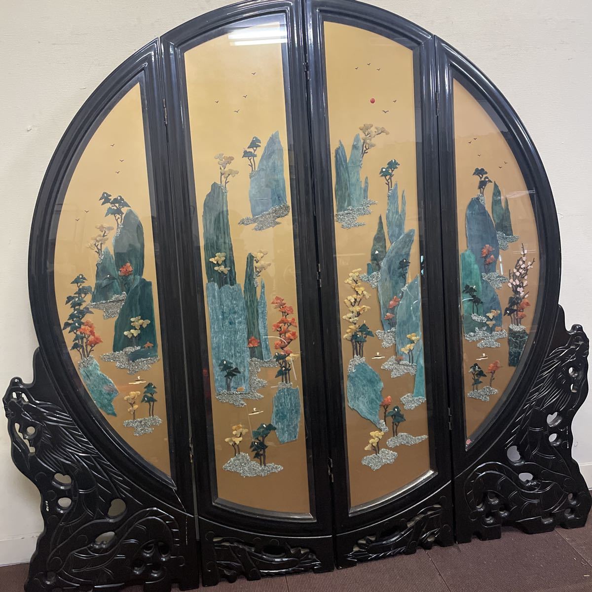 引き取り歓迎山梨 貴石四曲屏風 丸型 福岡製額 希少 美術 骨董品 台湾 