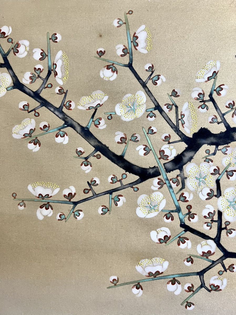 真作 川崎彰久 梅小禽 絹本 真筆肉筆 二重箱 共箱 金泥 春景 花鳥図 鶯