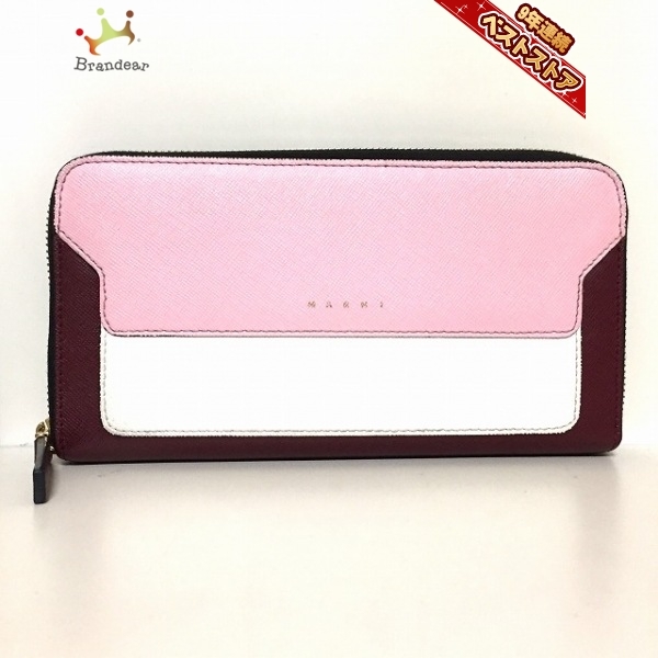 マルニ MARNI 長財布 - レザー ボルドー×ライトピンク×白 ラウンド 