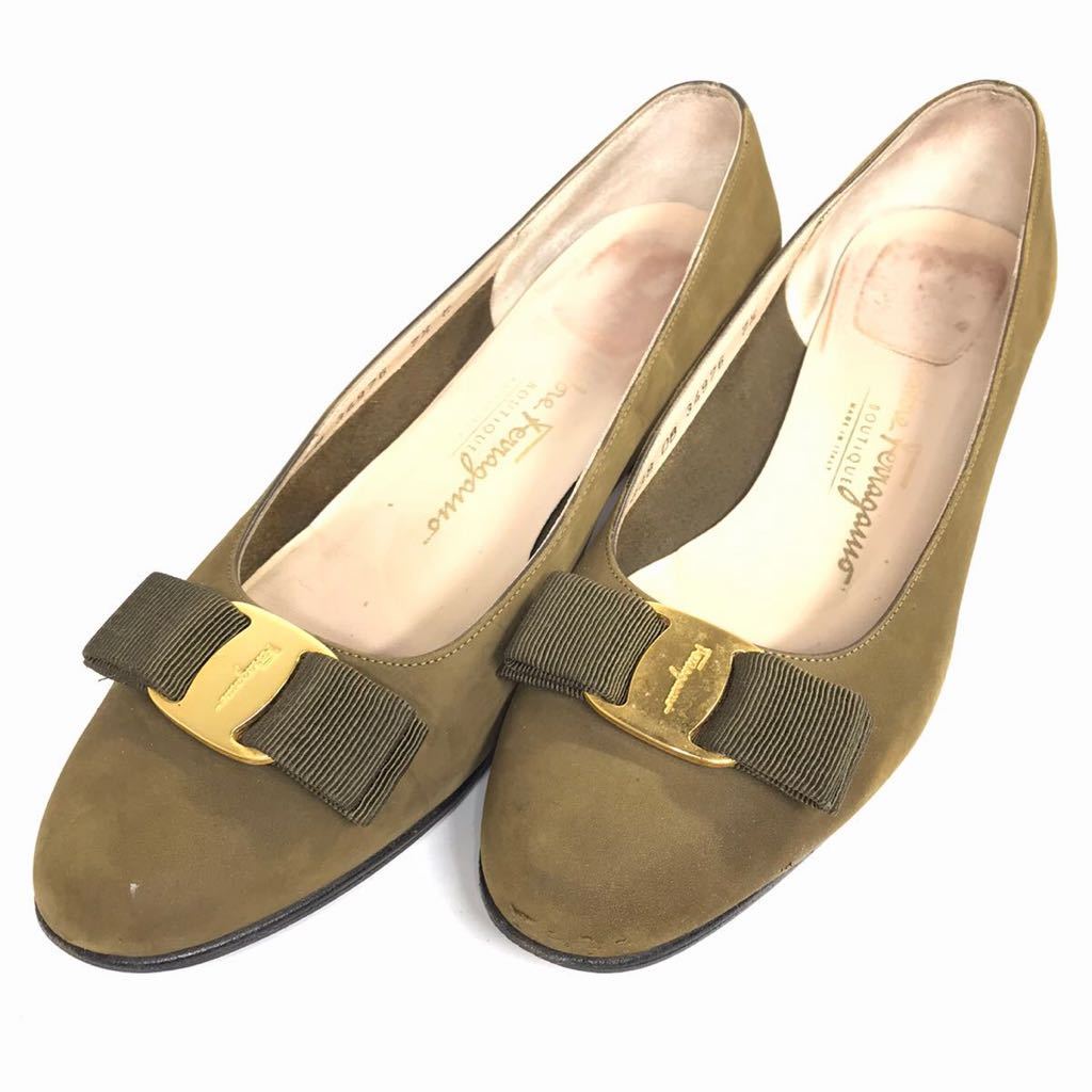 【フェラガモ】本物 Ferragamo 靴 25cm ヴァラリボン パンプス カジュアル ビジネスシューズ ヌバック系 女性用 レディース 伊製 7 1/2 C
