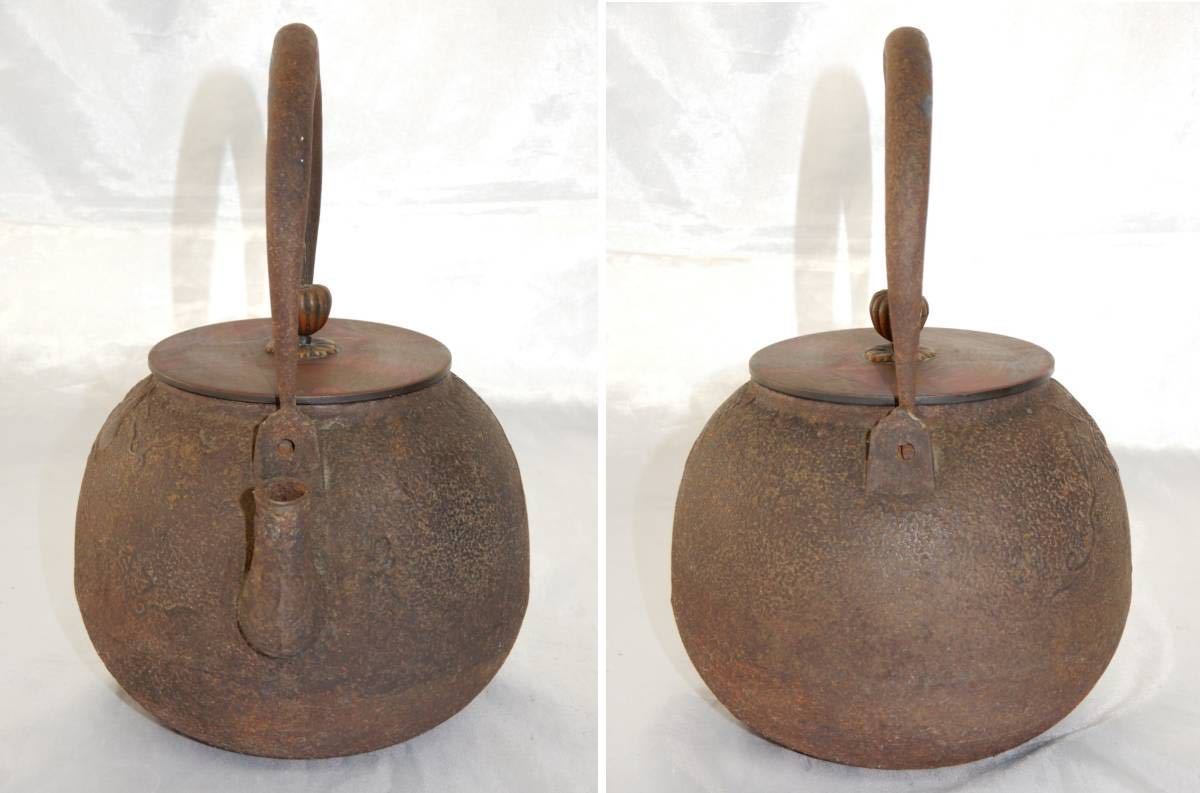 萬龍堂/龍文堂造 鉄瓶 在銘 瓢箪図/波図 茶道具 煎茶道具 口径9.8㎝ 高
