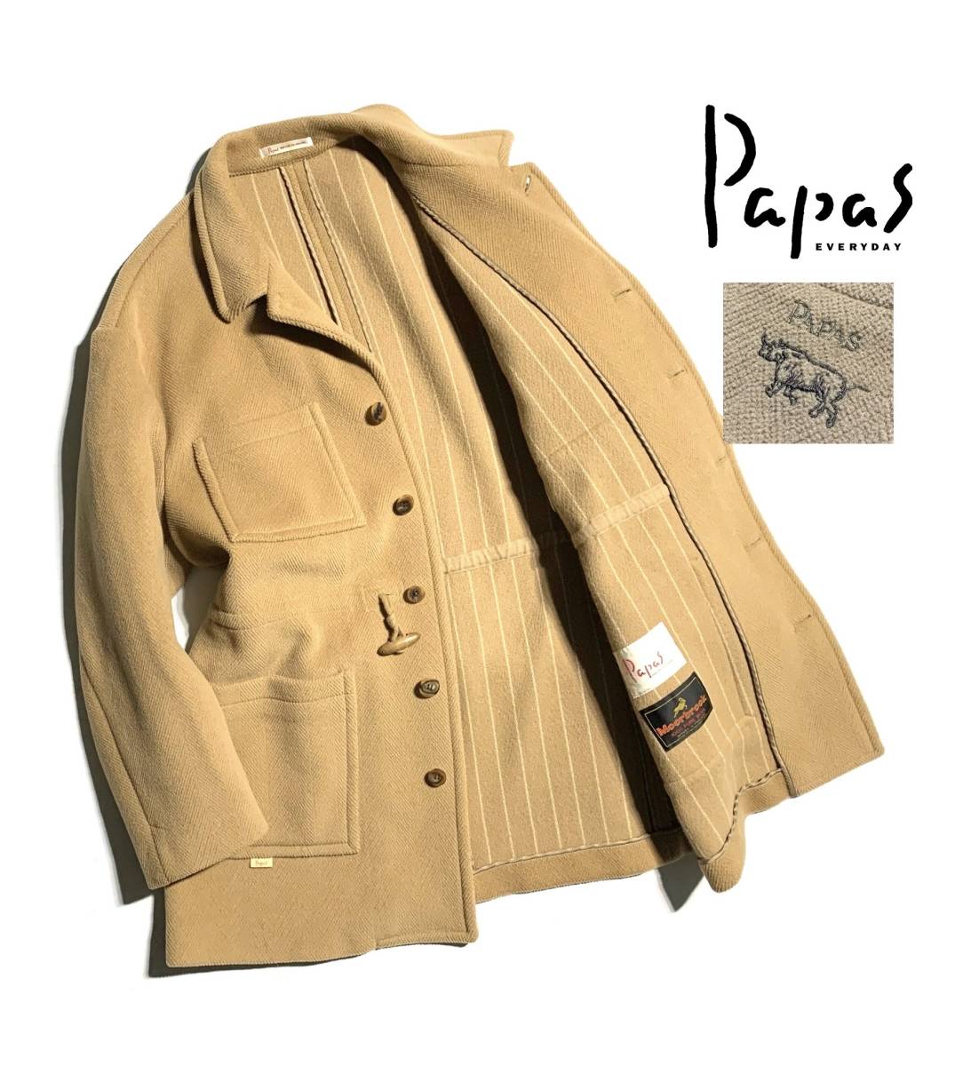 美品【定価7万超】Papas パパス ×Moorbrook ウール ハーフコート M サイロゴ刺繍 日本製 キャメル 保温性抜群 英国老舗 最高級 メンズ