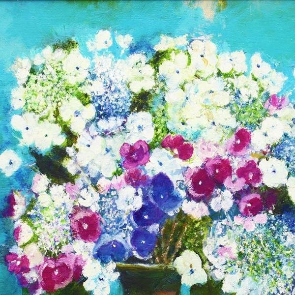 真作】【WISH】中島絹子「紫陽花」油彩 6号 ◇花瓶に花逸品 〇師:斎藤 