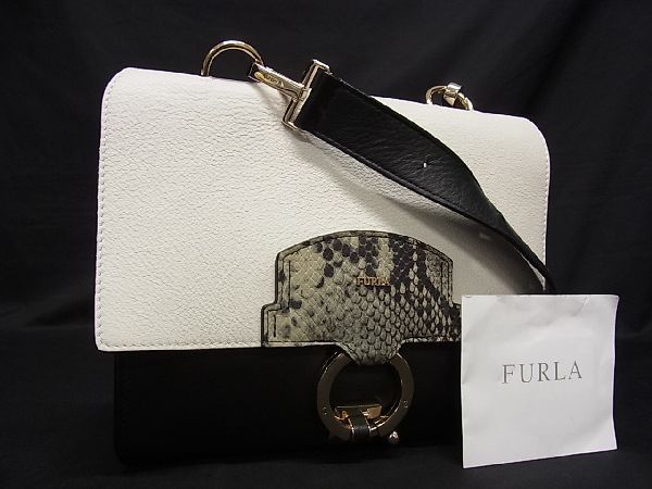1円 ■美品■ FURLA フルラ SCOOP レザー リバーシブル ハンドバッグ ショルダー 肩掛け レディース ブラック系×ホワイト系 AG4923スf