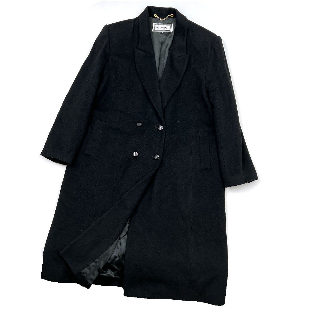 カシミヤ100%◆イタリア製生地◆VIA NUOVA ビア ヌォーバ 高級 カシミア ウール ダブル チェスター コート 13 /黒/ブラック/レディース