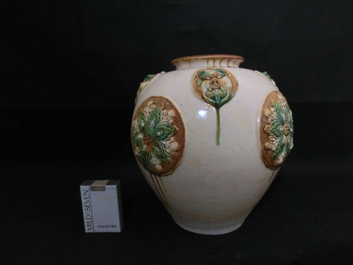 中国美術 唐 唐白磁三彩珍獣耳大壷