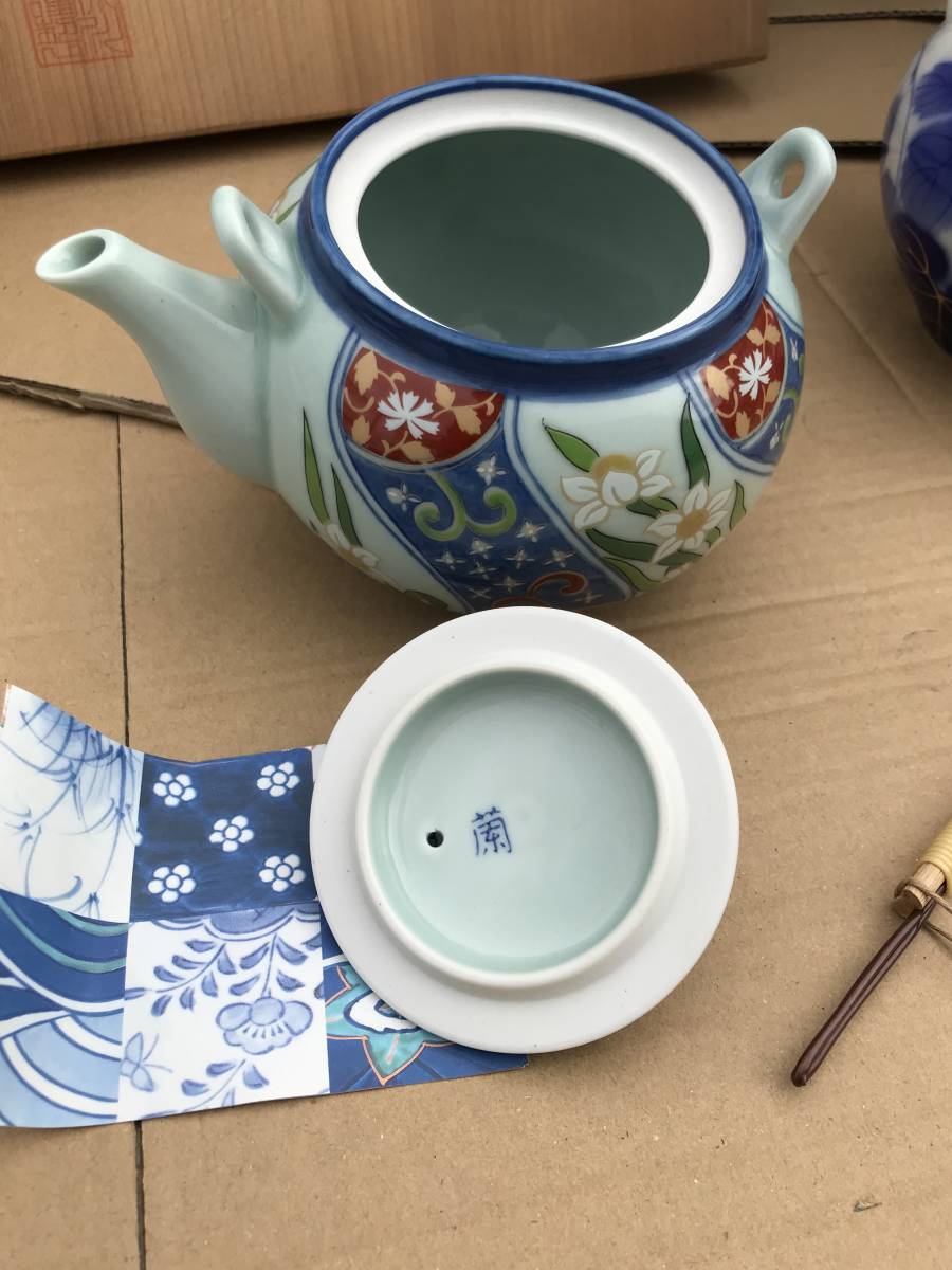 ◇深川製磁 宮内庁御用達・牡丹染付・茶器12点セット(急須×1・湯呑×7 