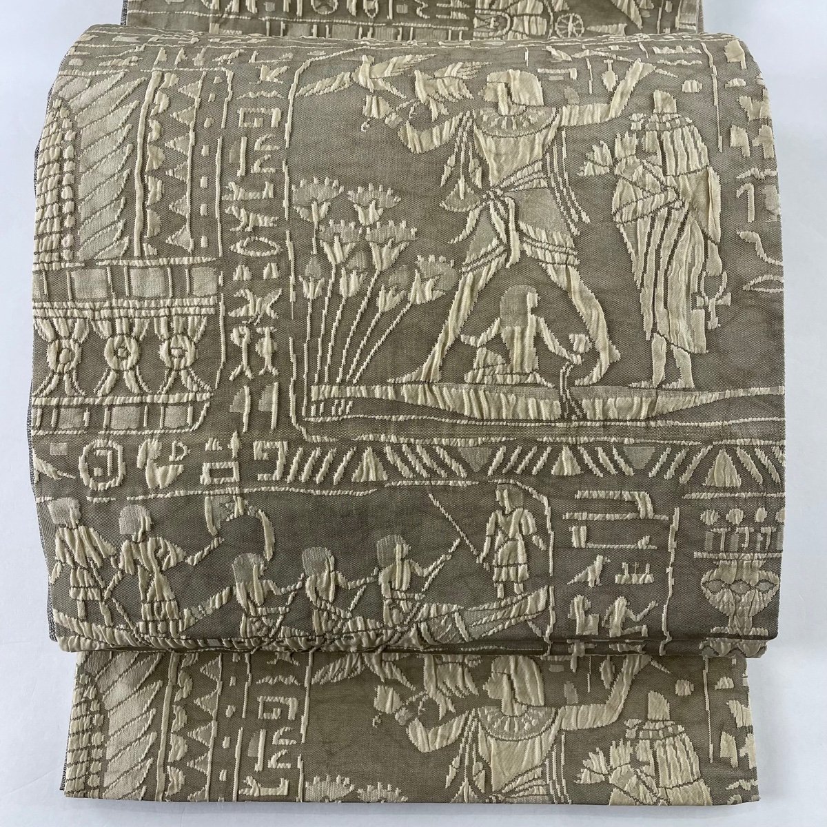 袋帯 美品 秀品 落款 渡文 纐纈 コプト文 灰緑 全通 正絹 【中古】