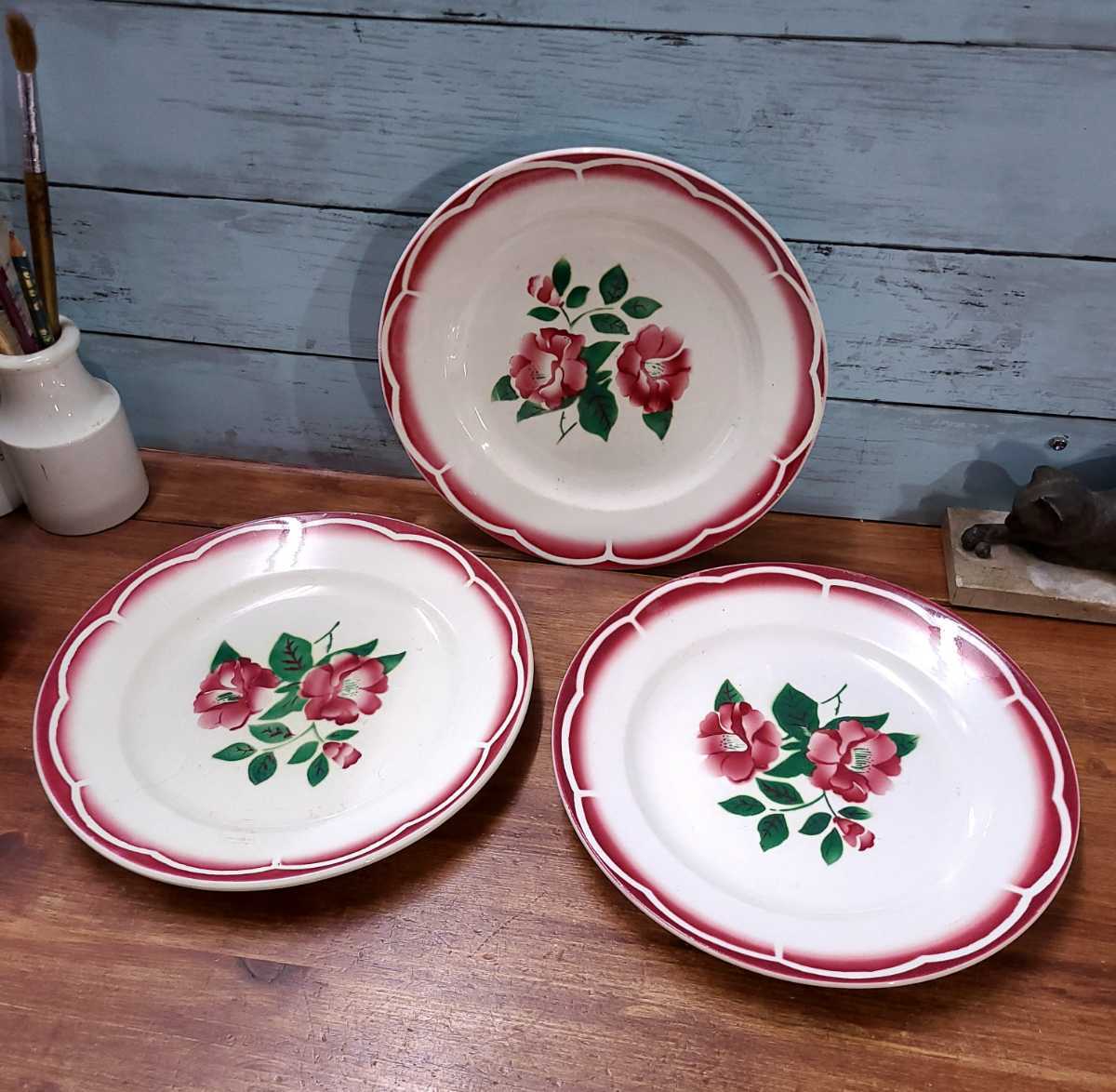 フランスアンティーク DIGOIN sarreguemines サルグミンヌ EDEN 平皿 プレート 3枚セット 花柄 花リム ブロカント