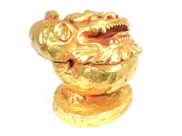 月形那比古作 富吼獅子 月形那比古 作/「富吼獅子」/ブロンズ像/黄布 共箱付/彫刻/置物