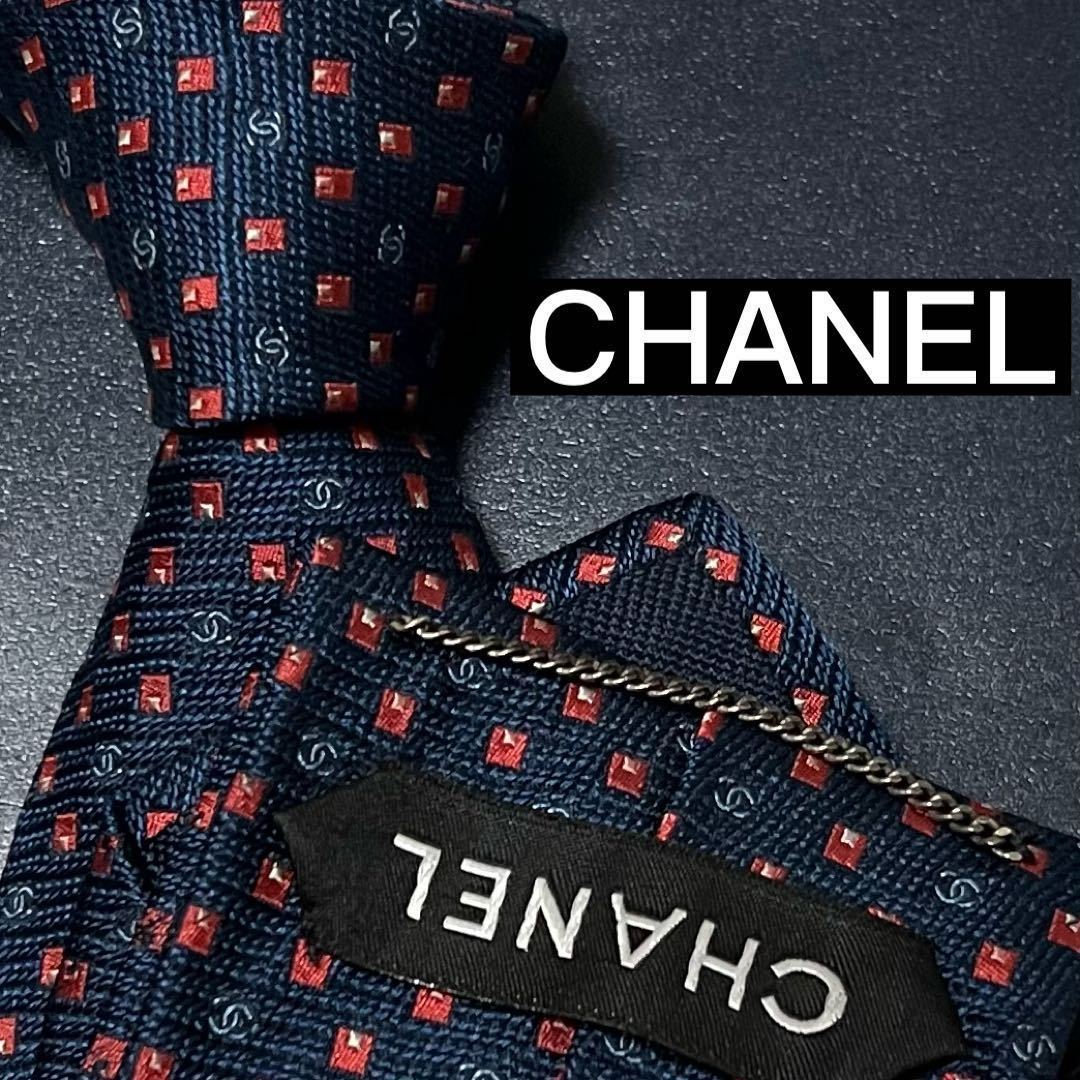 美品　シャネル　ネクタイ　ココマーク　ドット柄　チェーン　ジャガード　ネイビー 美品 ネクタイ 現行 CHANEL シャネル シルク チェーン ココマーク