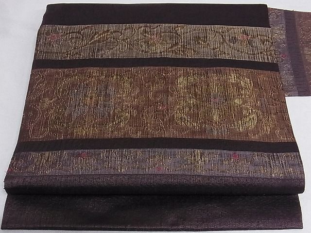 【超美品】正絹 袋帯 六通柄 金銀糸 墨黒 モダン 夏帯 袋帯 美品 秀品 立涌 雲文 金銀糸 刺繍 墨色 六通 正絹 【中古