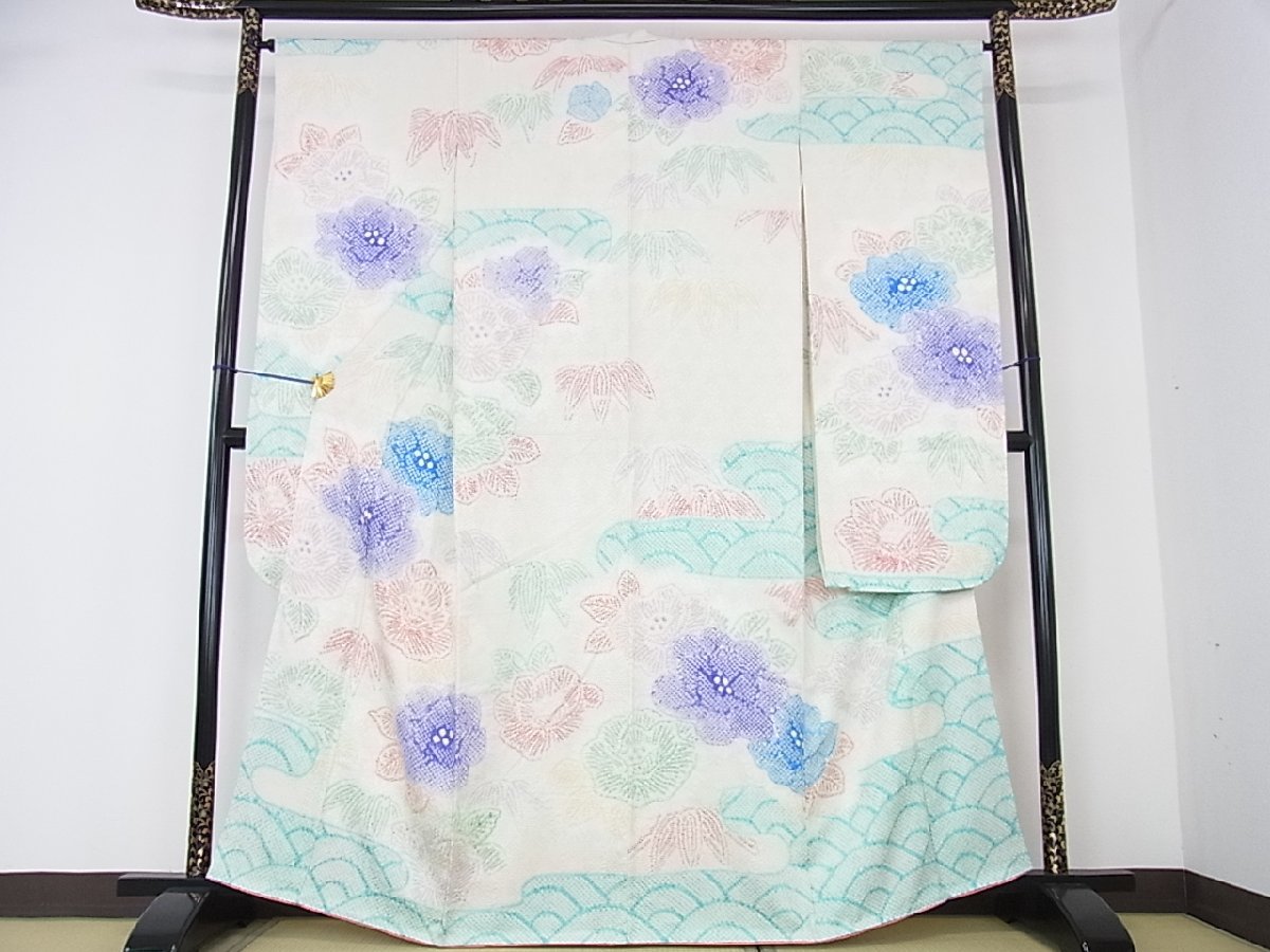 花美人着物■名門　藤娘きぬたや・総絞り　振袖　吉祥花文　青海波　逸品　ps2925