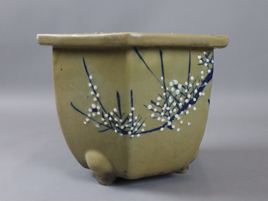 Yahoo!オークション - 1257 青磁 染付 白梅文 三脚 六角鉢 植木鉢 盆栽
