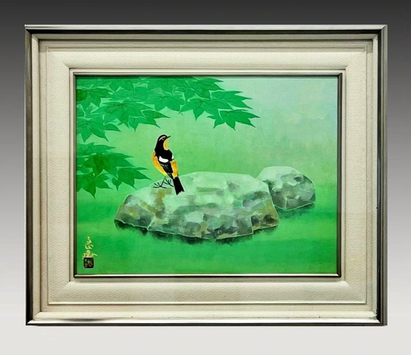 FCP】 真作保証 野々内良樹 紙本彩色画 「緑映 黄鶲」 日展審査員 山種