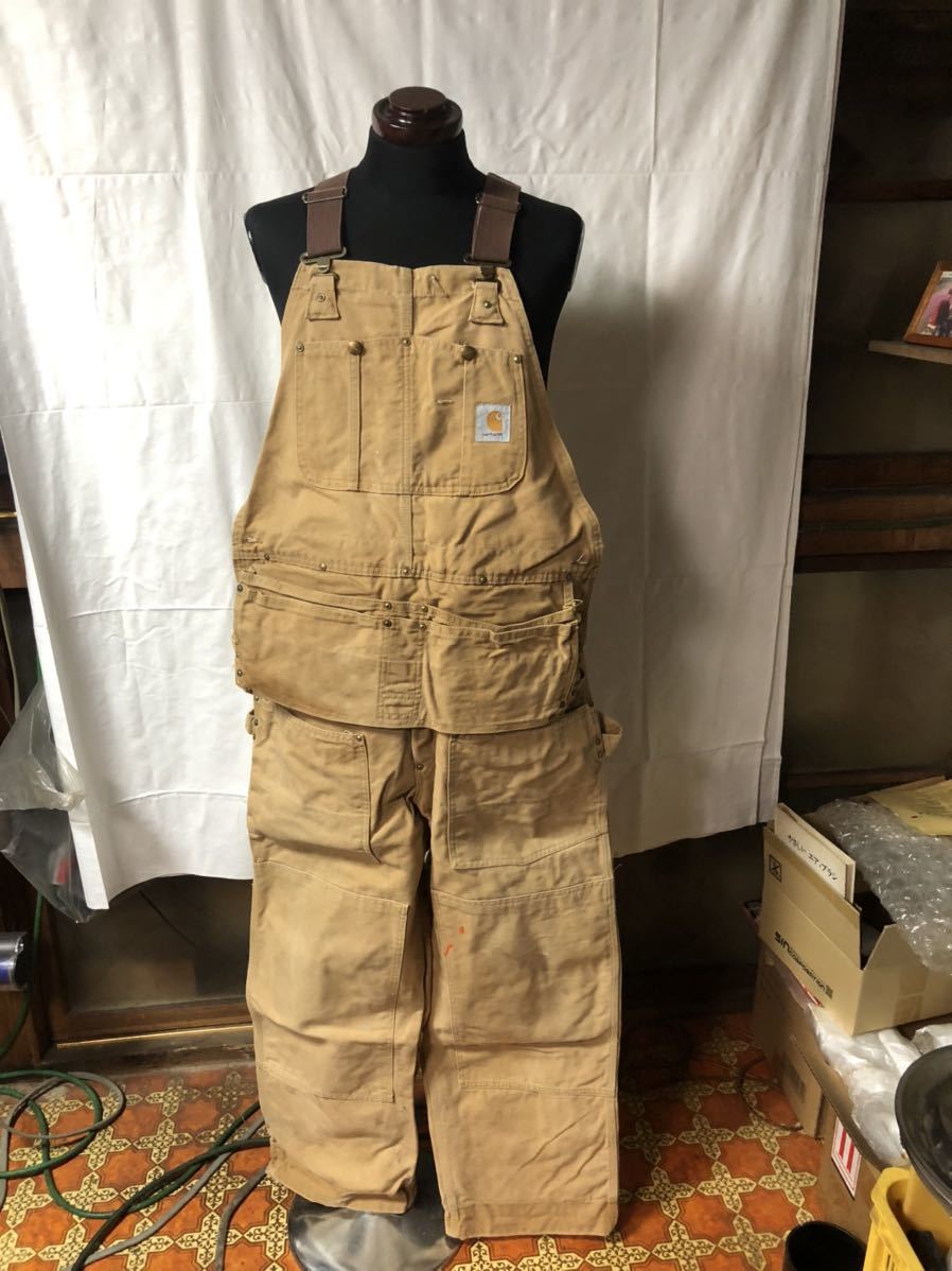 carhartt エプロン付きオーバーオール ブラウン ダックUSA製ダブルニー雰囲気抜群カーハートビンテージ