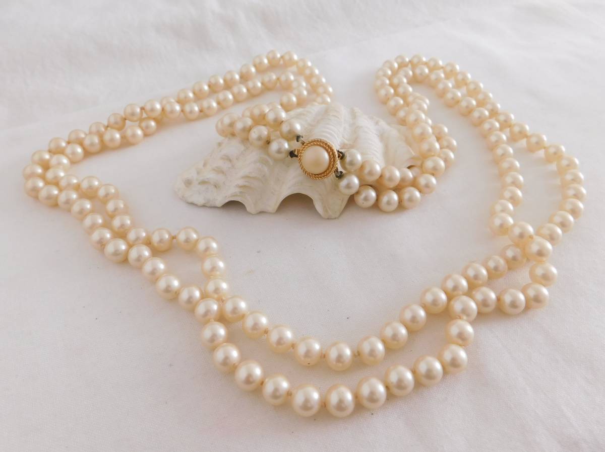 ヴィンテージ　クラウンTRIFARI刻印　ガラスパール2連の古い美しいロングネックレス　送料250