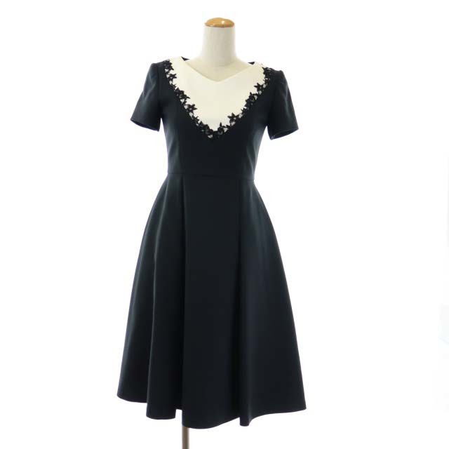 アベニールエトワール Aveniretoile クチュール バイカラーレースワンピース ひざ丈 半袖 34 黒 白 ブラック ホワイト /MF ■OS レディース