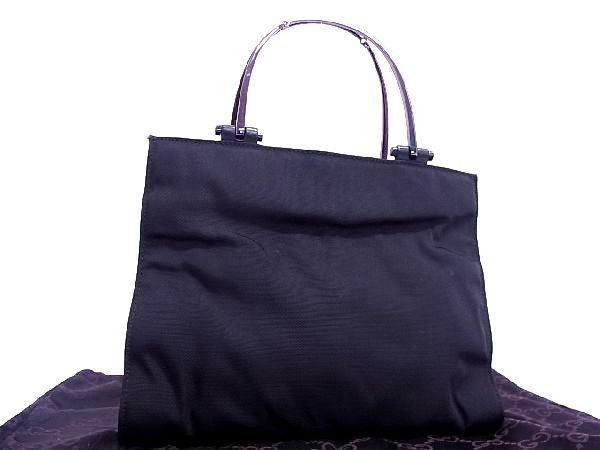1円 ■美品■ GUCCI グッチ 002 1024 3444 ナイロンキャンバス メタルハンドル ハンドバッグ トート 手提げかばん ブラック系 AH1096ネS