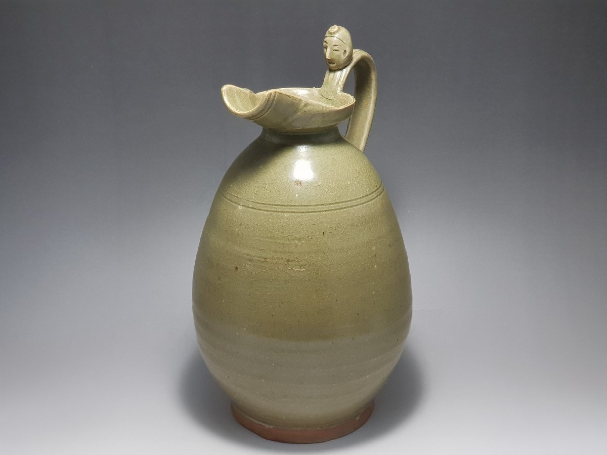 青磁 人頭像装飾 水注 時代唐物 高さ約28.4cm / 茶道具 煎茶道具 煎茶