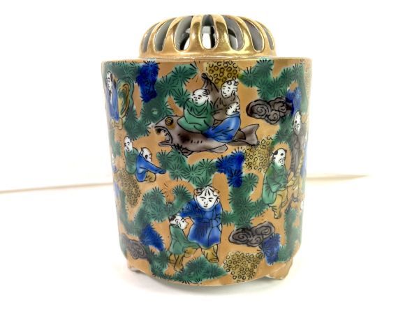 C211】美品 九谷焼 九谷木米 金彩色絵賢人図 香炉 時代 香爐 茶道具