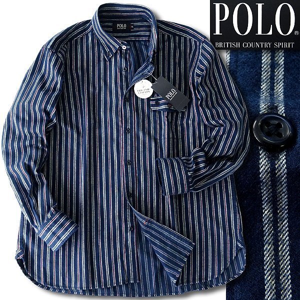 新品 POLO BCS ポロ ストライプ柄 起毛 フランネル シャツ 3L 紺赤白 【I56285】 秋冬 メンズ ボタンダウン カジュアル 長袖 コットン