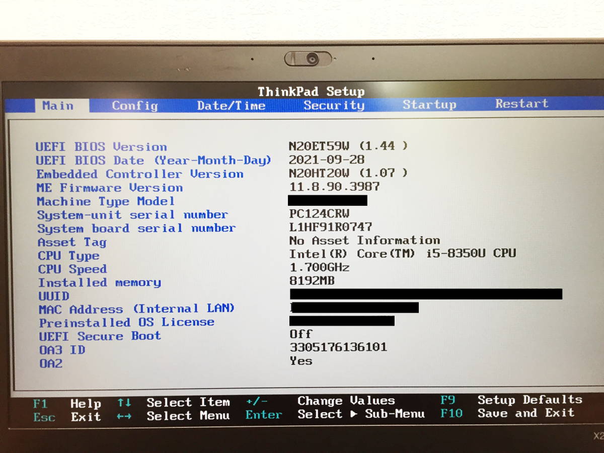 Lenovo ThinkPad X280 第 8 世代/i5/8350U/1.7GHz/8GB/BIOS確認済/完全
