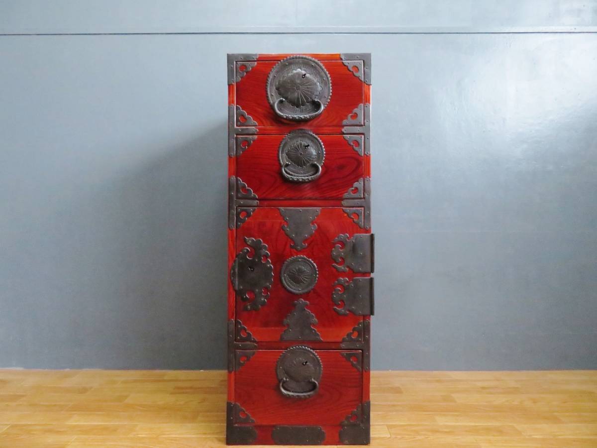 時代箪笥 綺麗な木目 前欅 菊菱金具 仙台箪笥 生地蝋塗 艶あり 隙間箪笥 小箪笥 小引き出し 鍵付