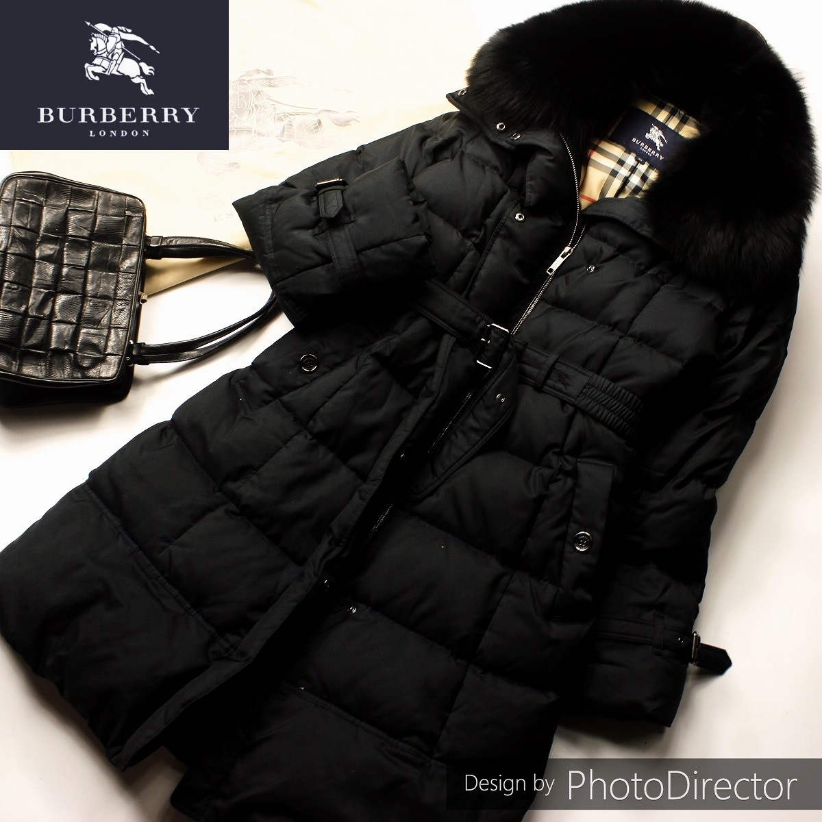 BURBERRYBLUE LABELウールコート毛皮タヌキワンポイントロゴ 美品38 