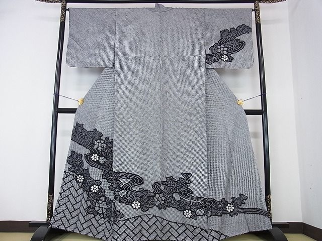 花美人■訪問着　総絞り　流水花文　黒地　逸品　ps3275