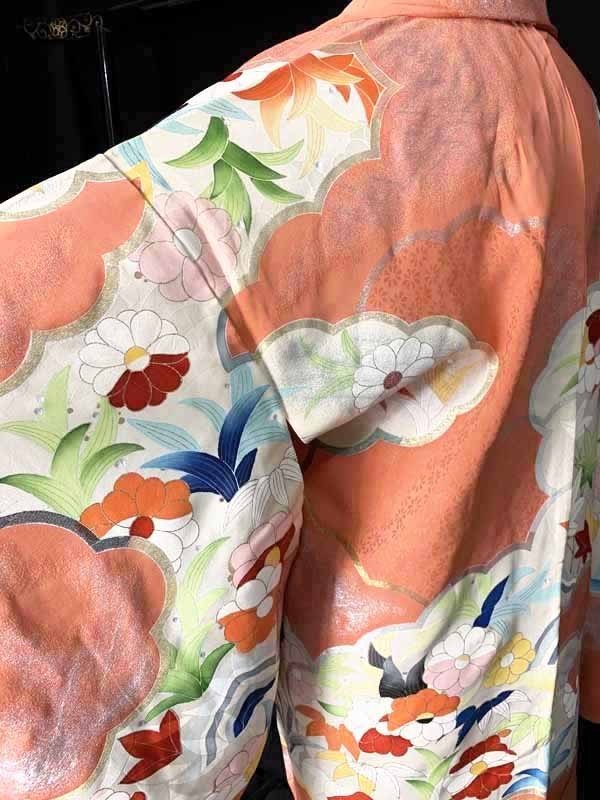 ★きものさらさ　アンティーク着物帯★羽織　大正ロマン　正絹　古典文様　古布　古裂　ピンクオレンジ地　