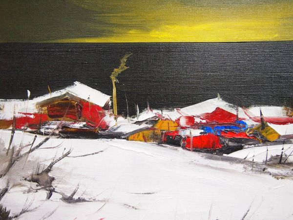真作保証】 葛西四雄 「海辺の家」 油彩 4号 風景画 示現会 日展特選 